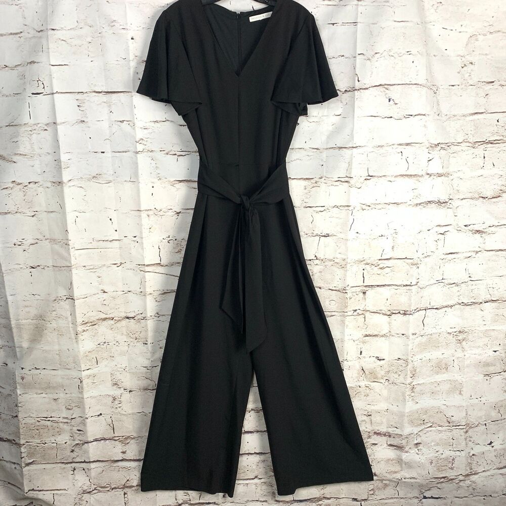 Preston & York Black V-Neck Tie Waist Wide Leg Jumpsuit Size 14 Flutter Sleeve
